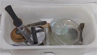 (AB) Bin of patch, glass disks/lenses, metal