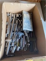 Box of Miscellaneous Sockets, Driver and Ratchets