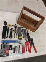 MIXED LOT TOOLS WOODEN TOOL BOX