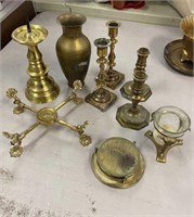 Assorted Collection of Brass Candle Holders & Vase