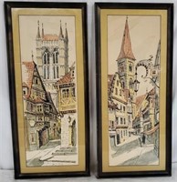 Pair of Framed Watercolors - Signed - Street Scene