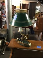 Offset brass desk lamp with metal shade 15” tall