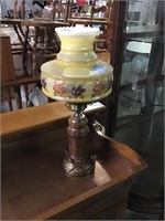 Wood and brass base lamp w/handpainted shade