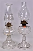 2 coal oil lamps - clear glass - 5" base, 19" tall