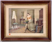 E. Westley colored print, Parlor scene in walnut