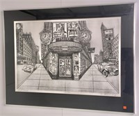 Etching by Bruce McCombs, "Street Corner",