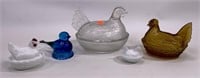 Hens on Nest: Milk glass - 3.5" / Clear - 6.5" L /