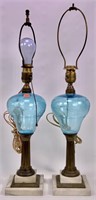 Pr. Marble base lamps, brass stems, blue glass