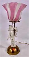 Cherub lamp, brass base - 6", 18.5" tall with pink