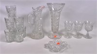 Cut glass: Goblets, tumblers, pitcher, Hawks bowl,