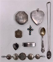 Sterling: spoon, lockets, pin, necklace