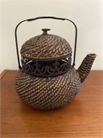 Vintage Rattan & Wrought Iron Tea Pot