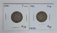 1910 & 1911  Liberty Nickels   F
