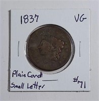 1837  Large Cent  Plain cord, small letter  VG