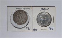 1945 & 1945-D Walking Liberty Half Dollars VG & XF