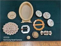 Mother of Pearl, French Ivory, brooches, jewellery