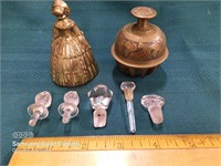 Vintage Glass Bottle Stoppers, 2 Brass bells
