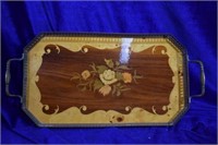 Vintage Inlay Wood and Brass Serving Tray