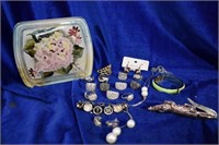 Glass Lidded Jewelry Box and 18 Piece Costume