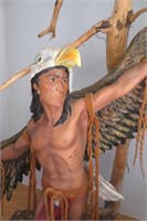 Signed Stone Base Indian & Eagle Statue Tree 24"h