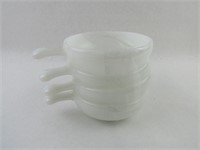 (4) Glasbake Milk Glass Handled Soup Bowls