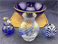 Cobalt Bowl & 3 Cobalt Art Pieces