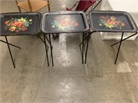 3 VINTAGE METAL TV TRAYS AND STANDS