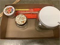 3 GLASS JARS AND LIDS/ THEMOMETERS