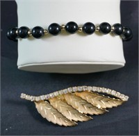 Gold Plated (?) Bracelet & Leaf Pin