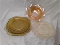 Amber Depression Glass Square Plates have chips