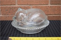 Vintage clear glass covered lidded Cat dish