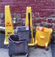 2 Industrial Mop Buckets and Signs