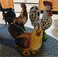 3 ceramic chickens, 2 roosters, damage on 1