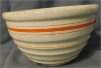 Orange striped crock bowl, 9.75" across, 5.75"