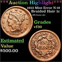 *Highlight* 1853 Mint Error N-19 Braided Hair 1c G