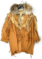 Outstanding Leather Fringed Coat with Fur Collar.