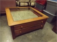 Wood/Glass Display Center Table w/ 2 Drawers