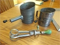 (2) Vintage Sifters & Green Handle Mixer