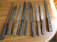 (9) Viintage Wood Handle Knives & Sharpener