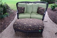 Resin Outdoor Settee & Ottoman w/Cushion