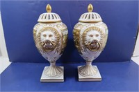 Pr. of  Gold Trimmed Urns w/Lid