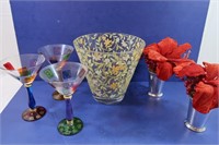 Festive Martini Glasses & Large Decorated Bowl