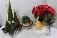 Christmas Decor Lot-Poinsetta Trees,Ceramic Pot