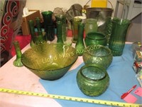 Collection of Green Glass Vases & Bowls
