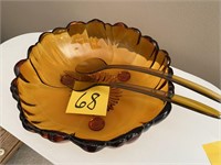 VINTAGE AMBER GLASS SALAD BOWL W/ UTENSILS