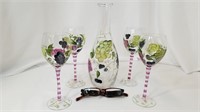 Painted Wine Carafe & 4 Glasses