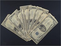 (9) US $5 SILVER CERTIFICATES,  SERIES 1953