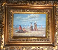 "Summer Beach" landscape oil painting 19th century