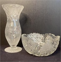 Wheel Cut Glass Vase and Bowl