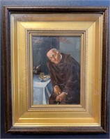 Antique Friar Monk Oil on Board Painting